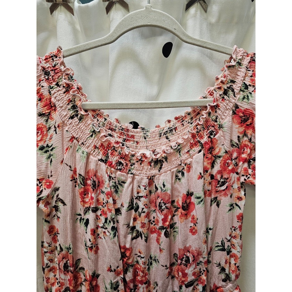 Y2K Bongo pink floral smocked ruffle romper XL gauze short sleeve off shoulder - Picture 6 of 11